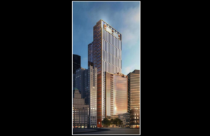 An artist’s rendering of the revised tower Millennium Partners wants to build on the Winthrop Square site. From STEELBLUE AND HANDEL ARCHITECTS
