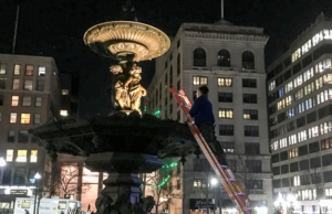 Testing lighting of Brewer Fountain on Boston Common, Dec. 2017